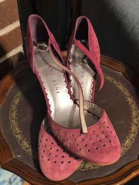 Gianni Bini Rose Plum Suede Perforated Ankle-Strap Heels